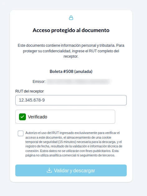 Pantalla de verificación que pide el RUT del receptor antes de descargar el documento.