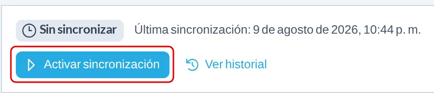 Barra de sincronización del Libro de Ventas con la etiqueta Sin sincronizar y el botón azul Activar sincronización recuadrado en rojo, junto al enlace Ver historial.