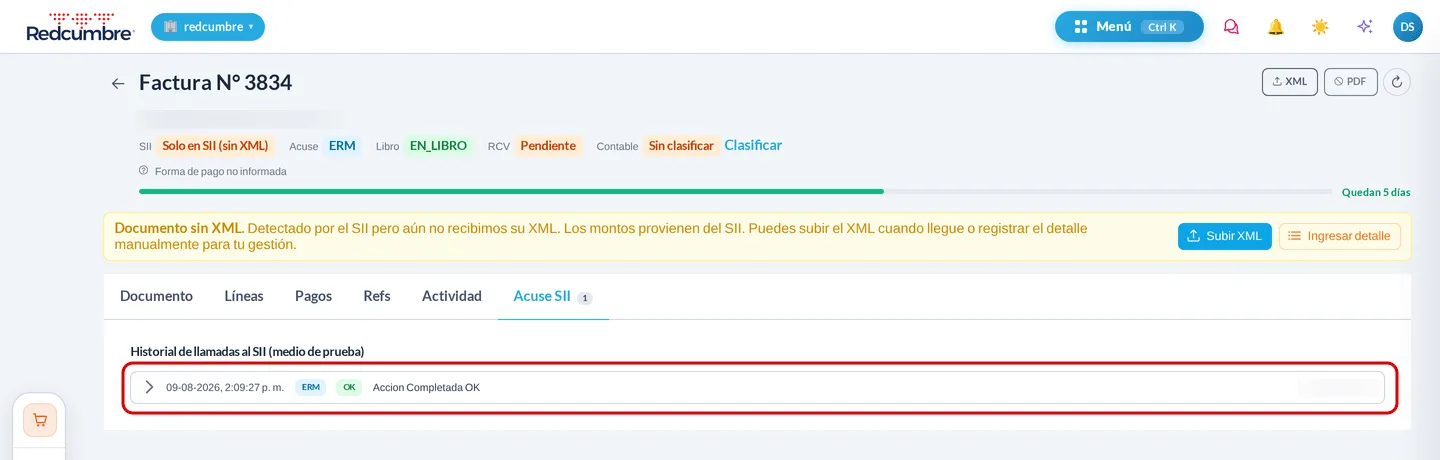 Pestaña Acuse SII con la llamada registrada: hora, tipo ERM, resultado OK y la respuesta Accion Completada OK, destacada en rojo.