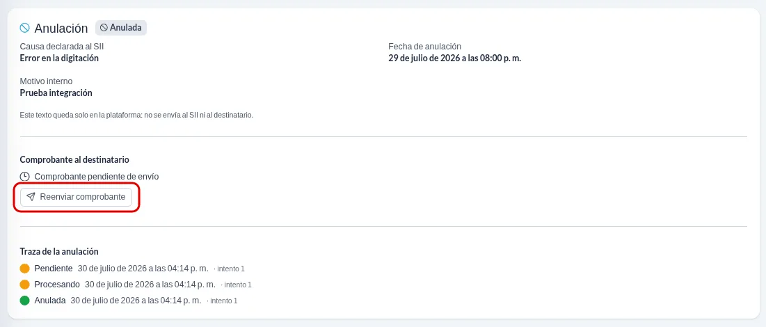 Bloque Anulación en el detalle: sello Anulada, causa declarada, motivo interno, fecha, sección Comprobante al destinatario con el botón Reenviar comprobante y la traza de tres pasos.