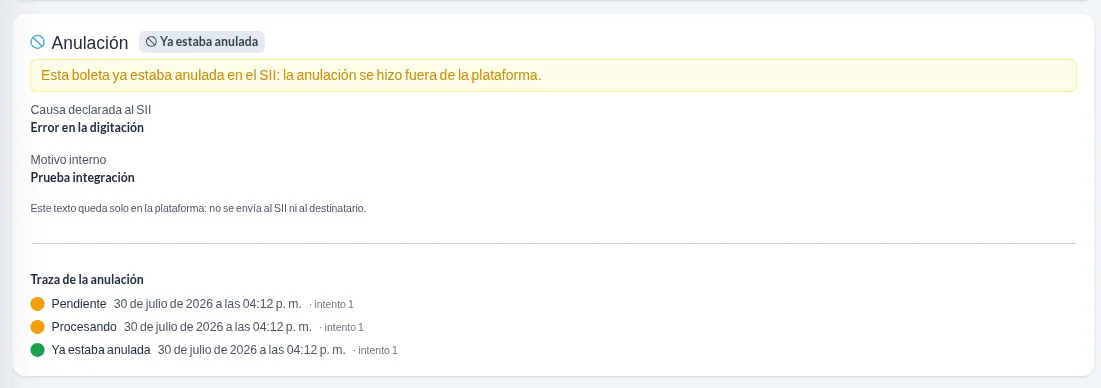 Bloque Anulación con el sello Ya estaba anulada, el aviso que lo explica y la traza.