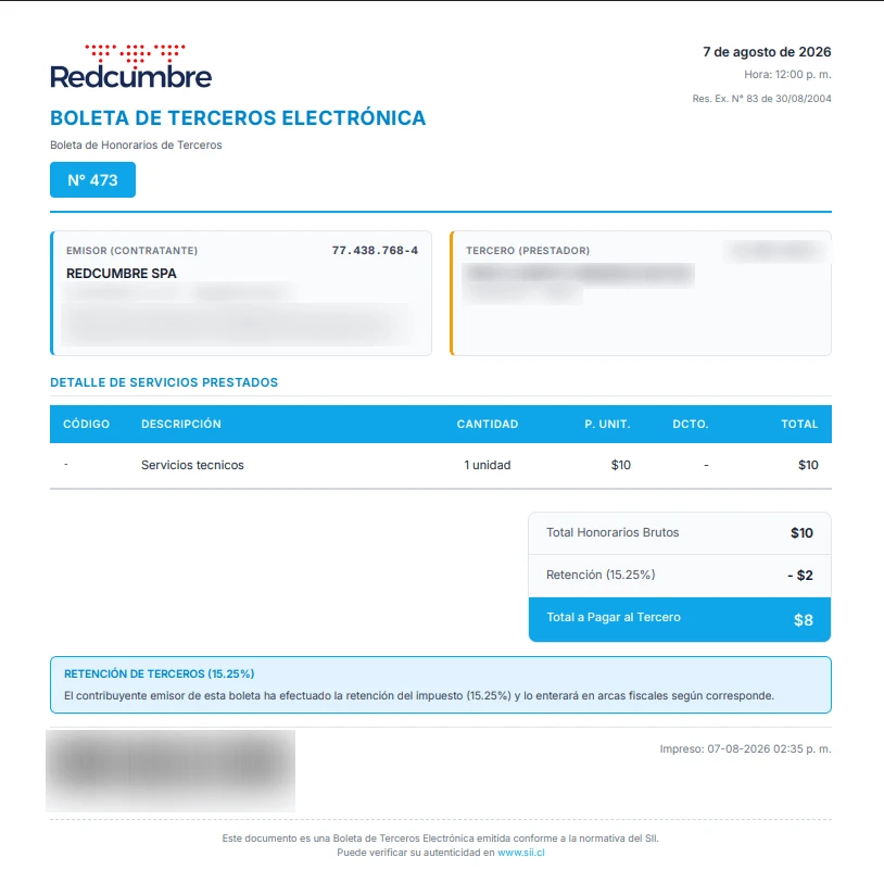 Boleta de Terceros en PDF con el logo de la empresa, los datos de ambas partes, el detalle de servicios y los totales.