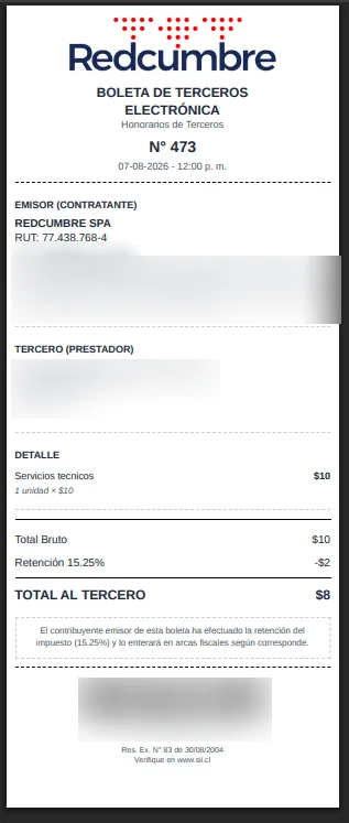 Boleta de terceros en formato para impresora térmica de 80 milímetros, con el detalle de la prestación y los totales.