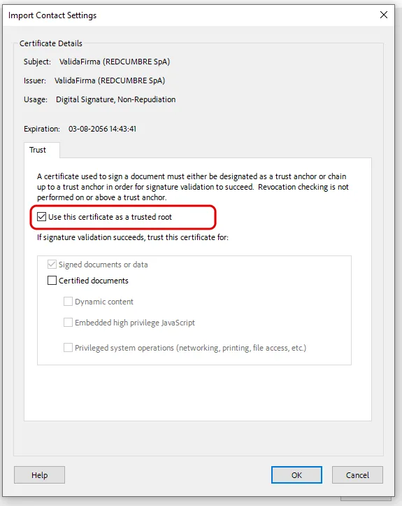 Ventana Import Contact Settings con la casilla Use this certificate as a trusted root marcada y recuadrada en rojo.
