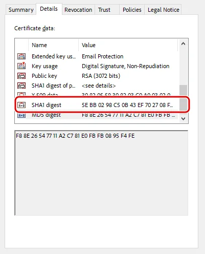 Pestaña Details del certificado con la lista de datos y la fila SHA1 digest recuadrada en rojo.