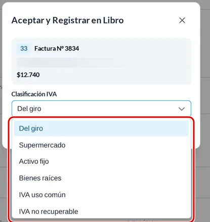 Ventana Aceptar y Registrar en Libro con el desplegable Clasificación IVA abierto y sus opciones destacadas en rojo.