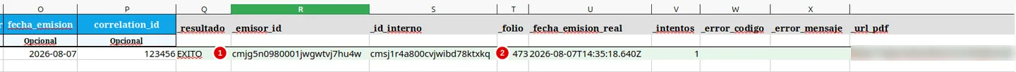 Columnas agregadas al archivo de resultados con dos marcas numeradas: la columna resultado y la columna folio, seguidas de fecha real, intentos y enlace de descarga.