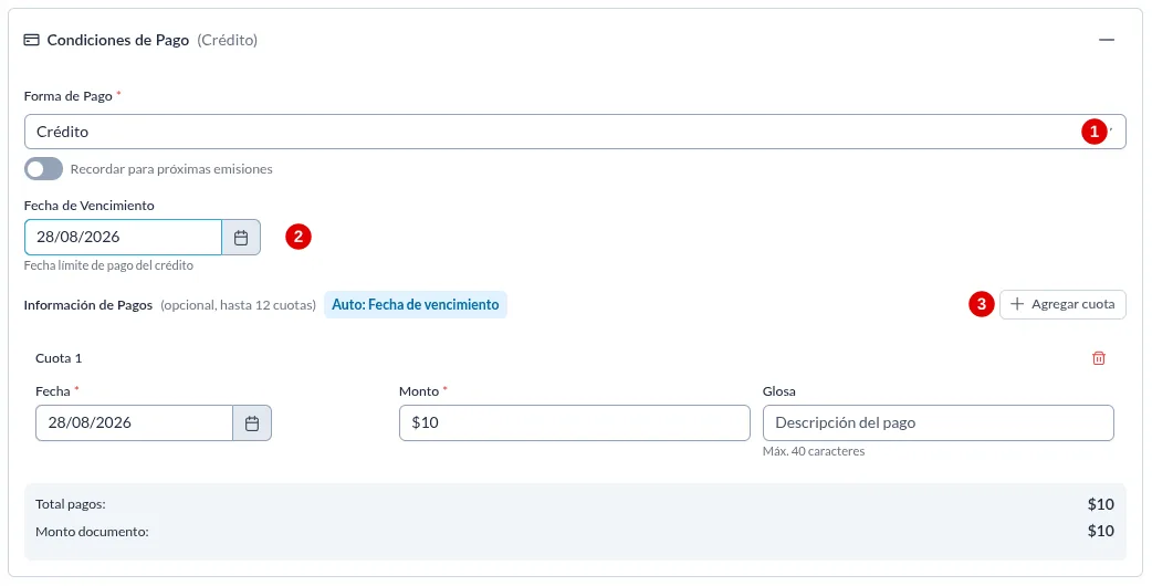 Tarjeta Condiciones de Pago expandida en modo Crédito, con la forma de pago marcada con el 1, la fecha de vencimiento con el 2 y el botón Agregar cuota con el 3.
