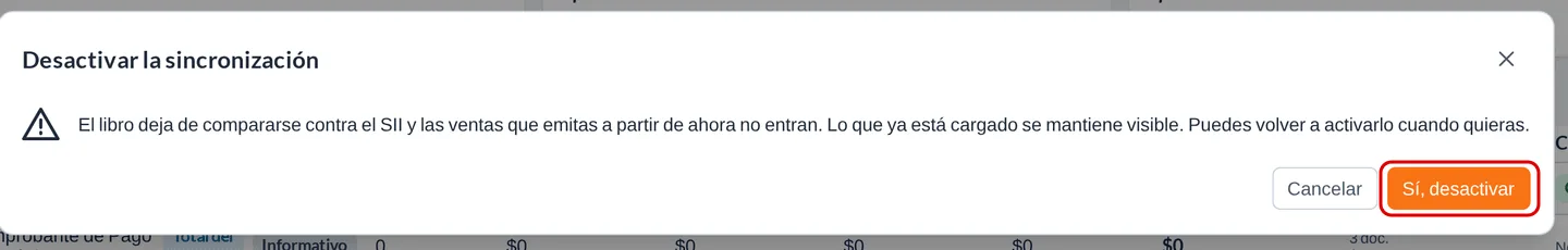 Ventana Desactivar la sincronización con la advertencia de que el libro deja de compararse contra el SII y el botón Sí, desactivar recuadrado en rojo.