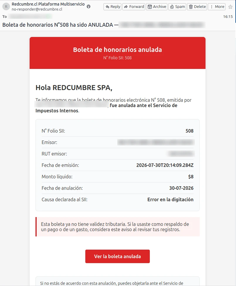 Correo de anulación que recibe el destinatario, con los datos de la boleta y el botón Ver la boleta anulada.