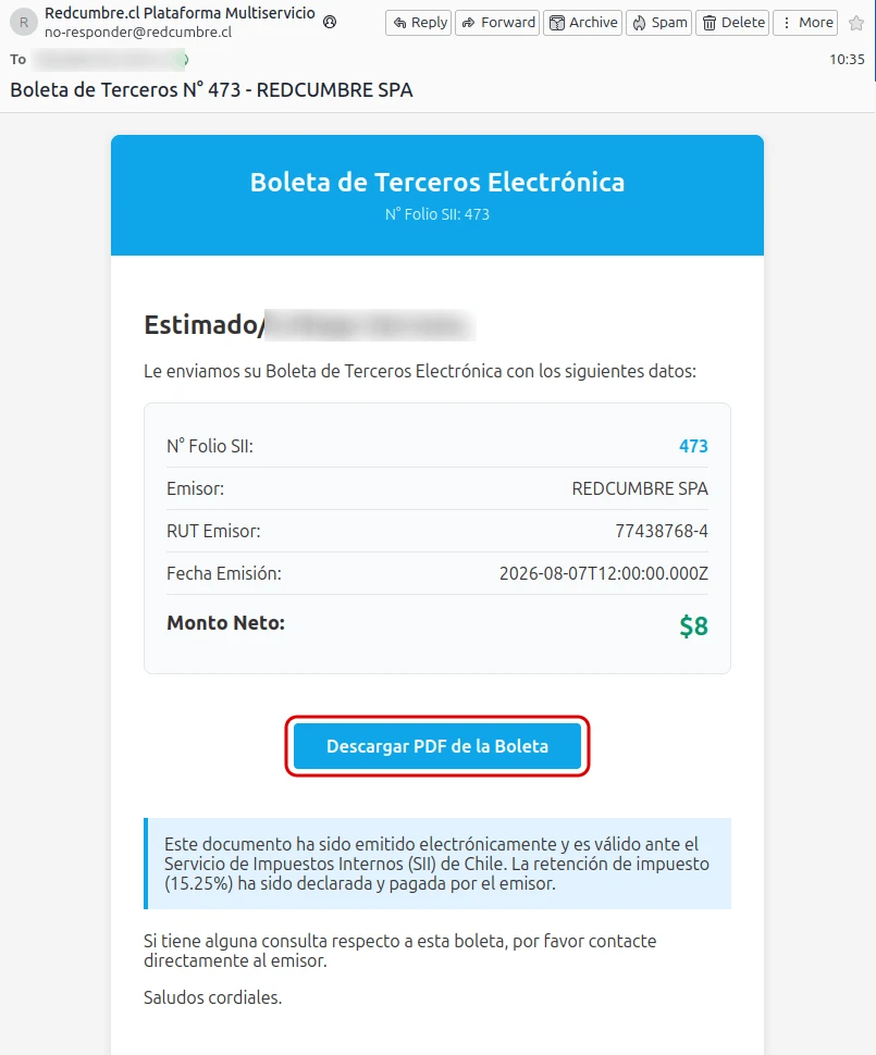 Correo que recibe el tercero, con el folio SII, el emisor, el monto neto y el botón Descargar PDF de la Boleta destacado en rojo.