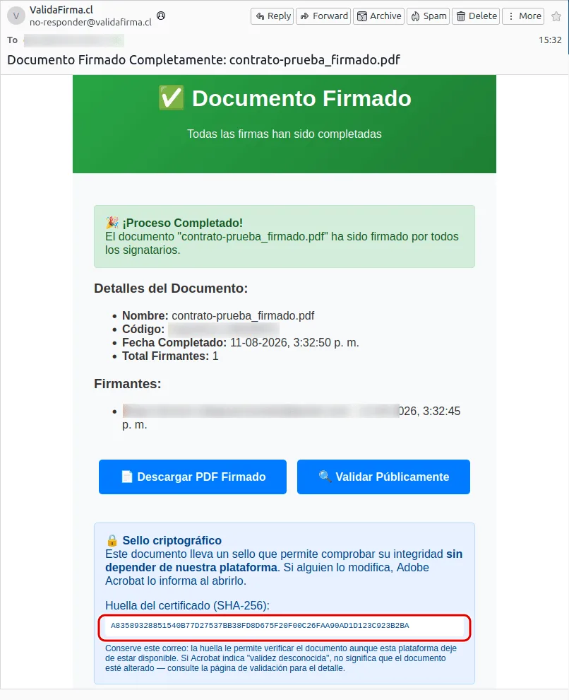 Correo Documento Firmado Completamente con los detalles del documento, los botones de descarga y validación, y el recuadro del sello criptográfico con la huella destacada en rojo.