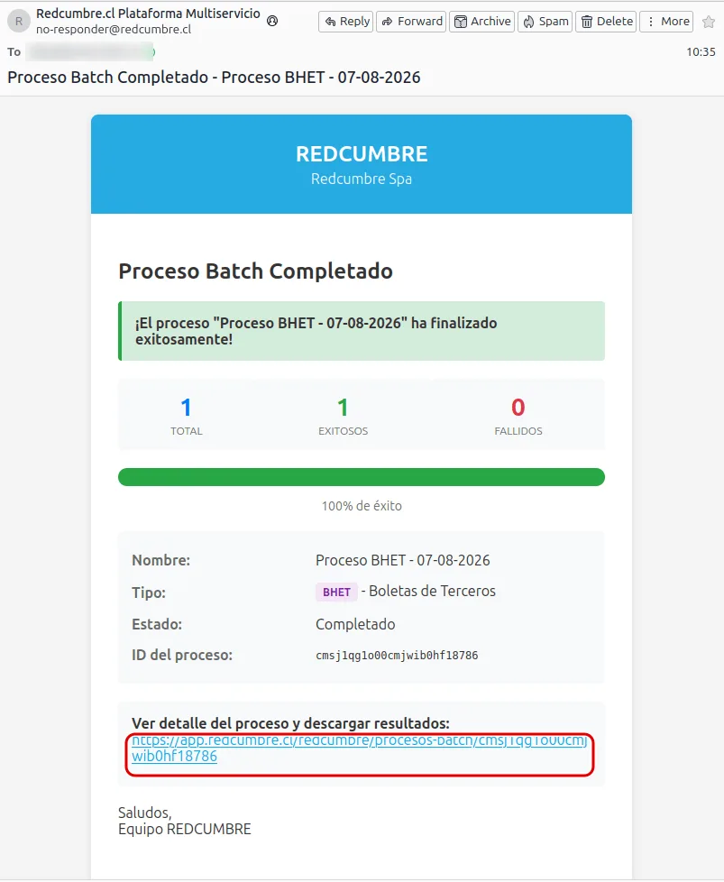 Correo Proceso Batch Completado con los contadores Total, Exitosos y Fallidos, los datos del proceso y el enlace al detalle destacado en rojo.