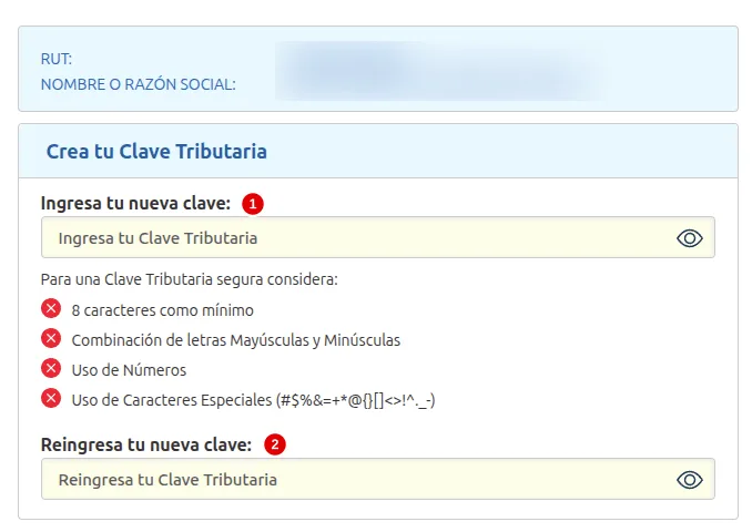 Formulario Crea tu Clave Tributaria con los datos del titular difuminados y globitos rojos 1 y 2 junto a los dos campos de clave.
