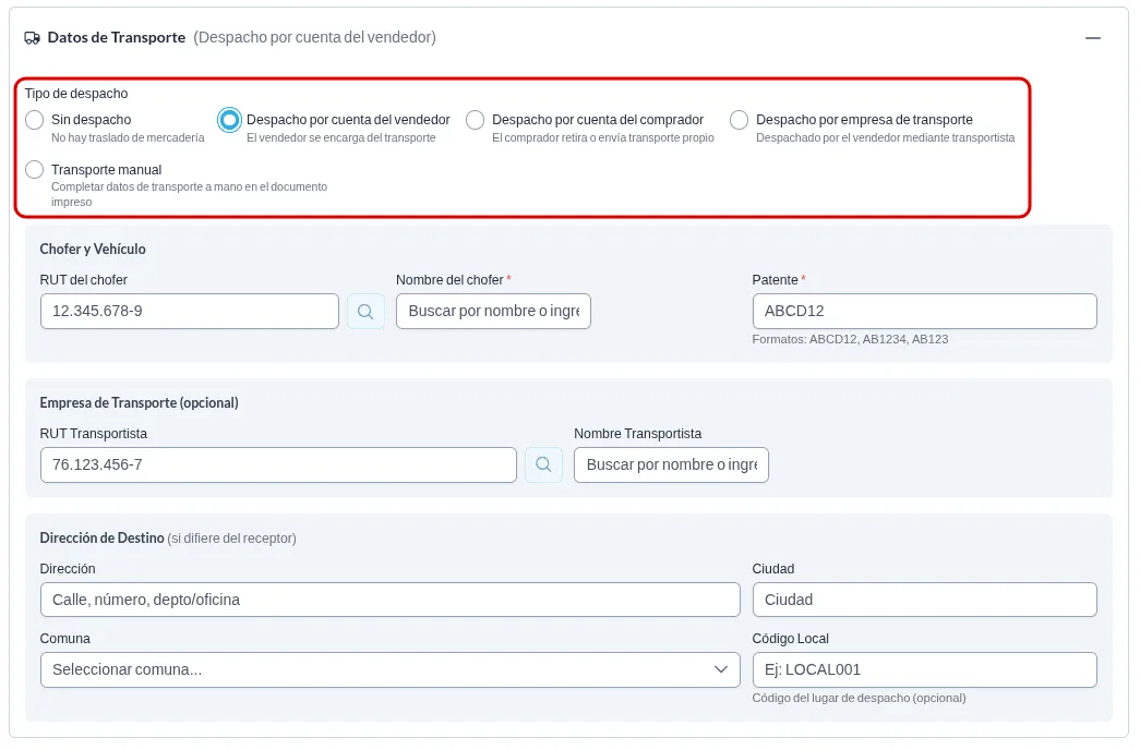 Tarjeta Datos de Transporte expandida con el grupo Tipo de despacho destacado en rojo, y los campos de chofer, vehículo y dirección de destino.