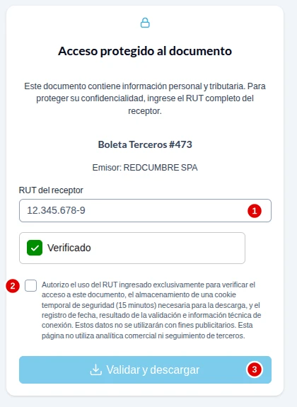 Pantalla Acceso protegido al documento con tres marcas numeradas: el campo RUT del receptor, la casilla de autorización y el botón Validar y descargar.