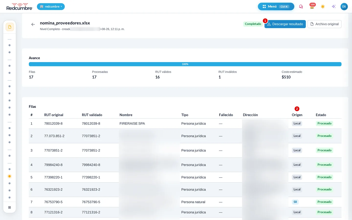 Proceso Completado al 100% con la tabla de filas resueltas, el botón Descargar resultado marcado con el número 1 y la columna Origen marcada con el número 2.