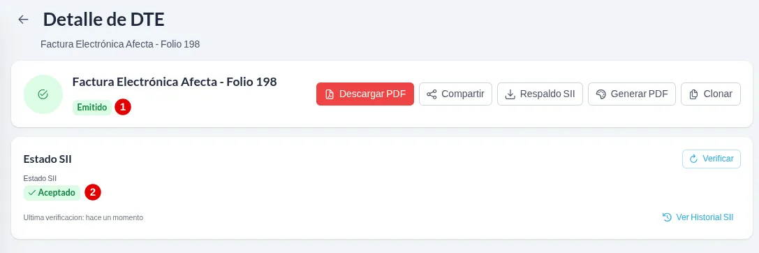Cabecera del detalle del DTE con el folio 198, la etiqueta Emitido marcada con el 1 y la tarjeta Estado SII en Aceptado marcada con el 2.
