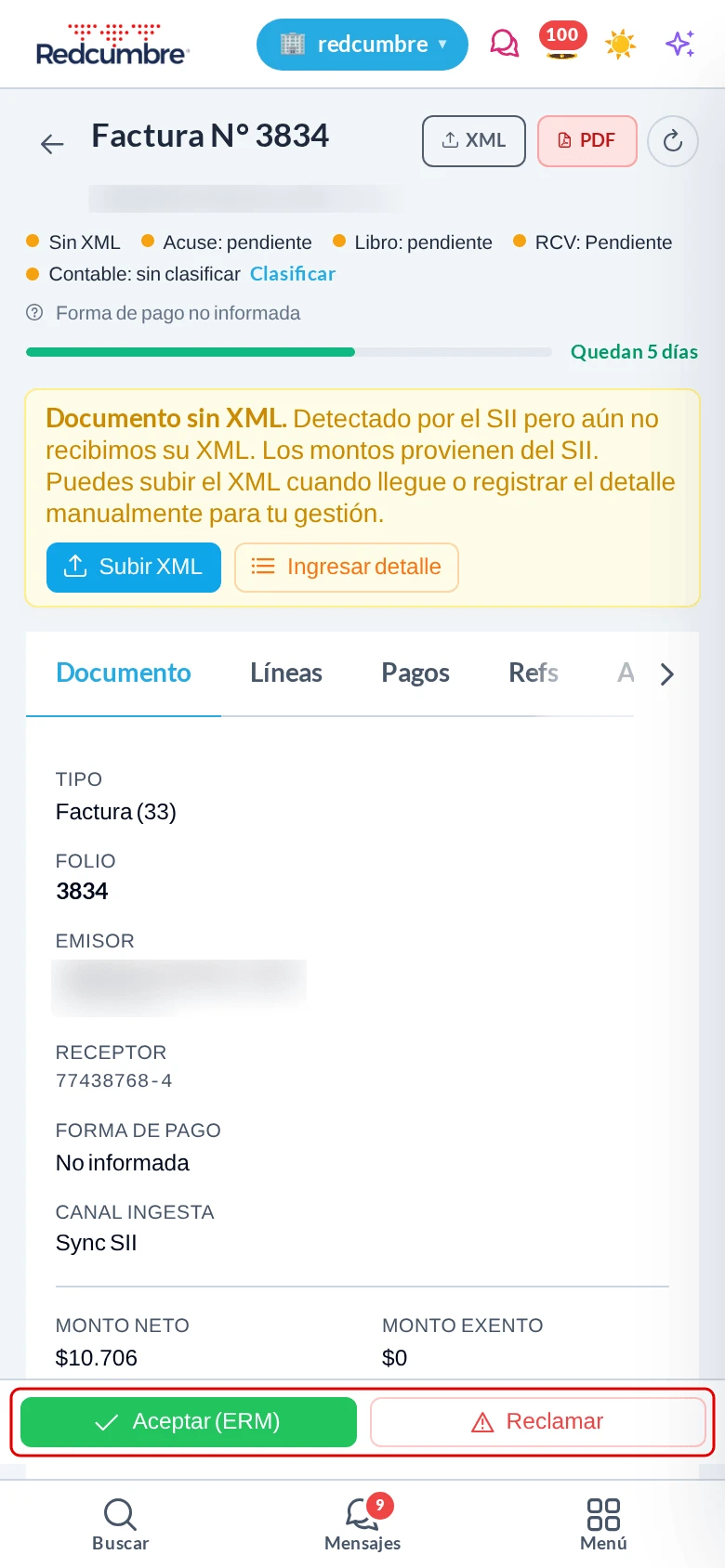 Detalle de un documento en pantalla de celular con la barra fija al pie que muestra Aceptar (ERM) y Reclamar, destacada en rojo.