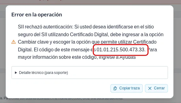 Ventana Error en la operación de la plataforma con el mensaje SII rechazó autenticación y el código 01.01.215.500.473.33 recuadrado en rojo.