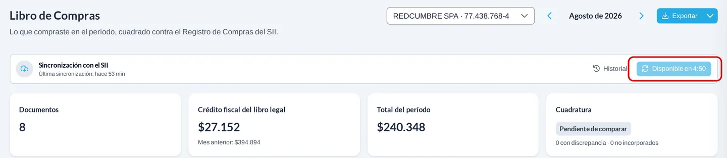 Barra de sincronización del Libro de Compras con el botón deshabilitado que dice Disponible en 4:50, recuadrado en rojo.