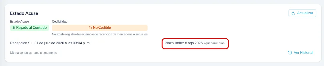 Tarjeta Estado Acuse con el estado Pagado al Contado, la cedibilidad, la fecha de recepción del SII y el plazo límite destacado en rojo.