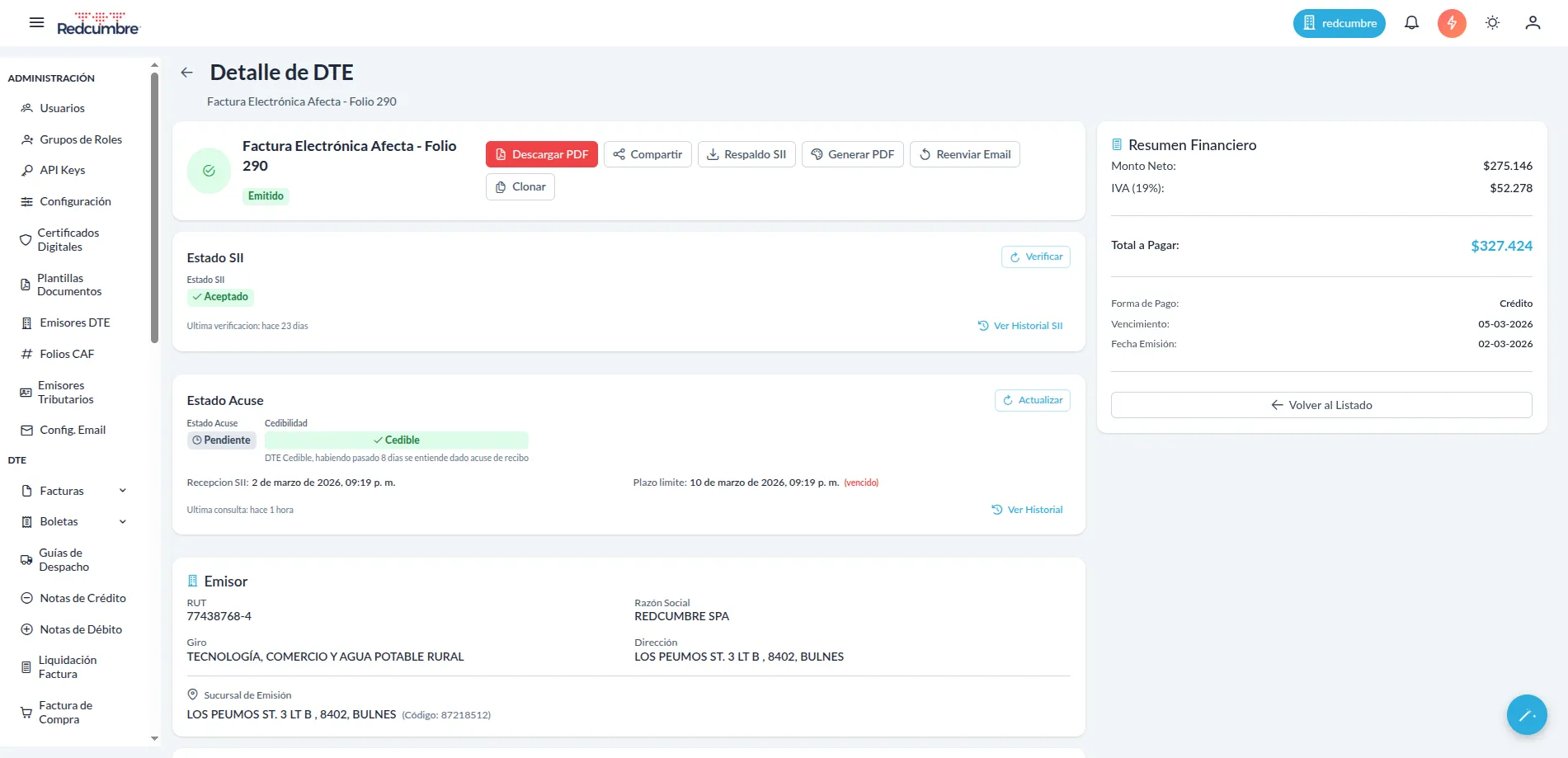 Dashboard de REDCUMBRE — detalle de documento tributario electrónico