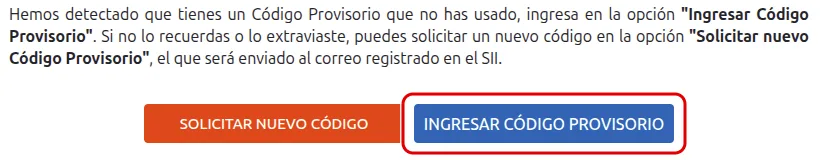 Pantalla Utiliza el código provisorio para recuperar tu Clave Tributaria, con el botón azul Ingresar código provisorio recuadrado en rojo.