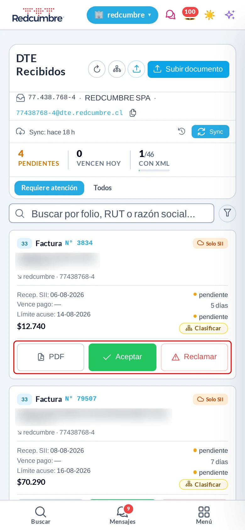 Listado de DTE recibidos en pantalla de celular, con una tarjeta por documento y la fila de botones PDF, Aceptar y Reclamar destacada en rojo.