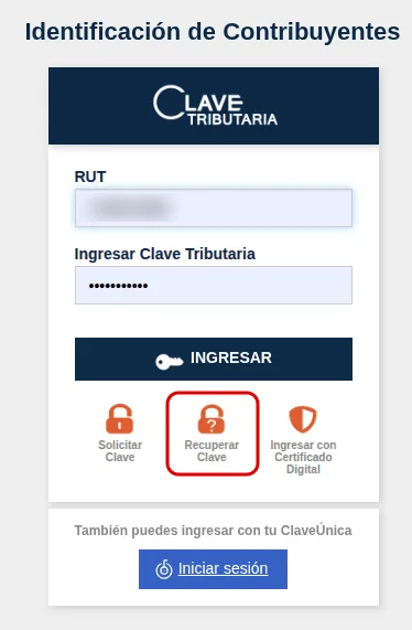 Pantalla Identificación de Contribuyentes del SII con el icono Recuperar Clave recuadrado en rojo bajo el botón Ingresar.