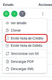 Menú de tres puntos de una fila del listado con la opción Emitir Nota de Crédito destacada en rojo.