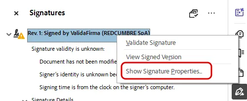 Menú contextual sobre la firma con tres opciones y Show Signature Properties recuadrada en rojo.