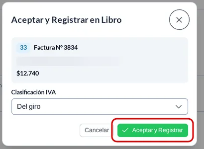 Ventana Aceptar y Registrar en Libro con el documento, la clasificación elegida y el botón verde Aceptar y Registrar destacado en rojo.