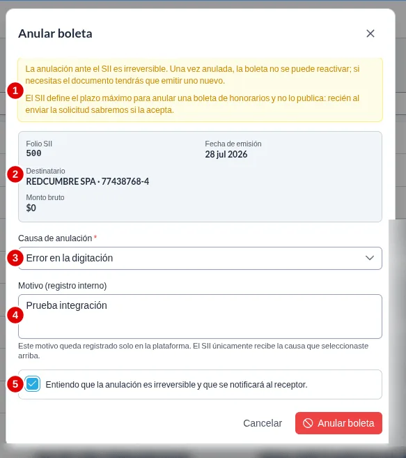 Ventana Anular boleta con los cinco elementos numerados: avisos, datos de la boleta, causa de anulación, motivo interno y casilla de confirmación.