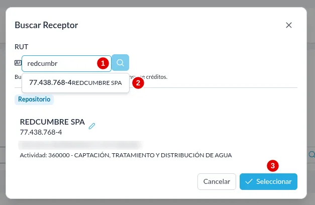 Ventana Buscar Receptor con el campo de búsqueda marcado con el 1, el resultado del desplegable con el 2 y el botón Seleccionar con el 3.