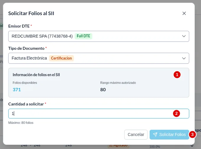 Ventana Solicitar Folios al SII con tres marcas numeradas: el panel de información de folios, el campo Cantidad a solicitar y el botón Solicitar Folios.