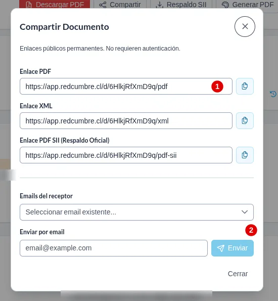 Ventana Compartir Documento con el enlace al PDF marcado con el número 1, los enlaces al XML y al PDF del SII, y el botón Enviar marcado con el número 2.