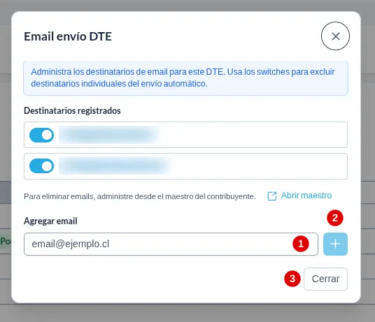 Ventana Email envío DTE con los destinatarios registrados difuminados y tres marcas numeradas: el campo Agregar email, el botón más y el botón Cerrar.