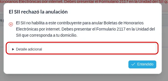 Ventana roja de rechazo con el mensaje del SII sobre el Formulario 2117 y el desplegable Detalle adicional destacado.