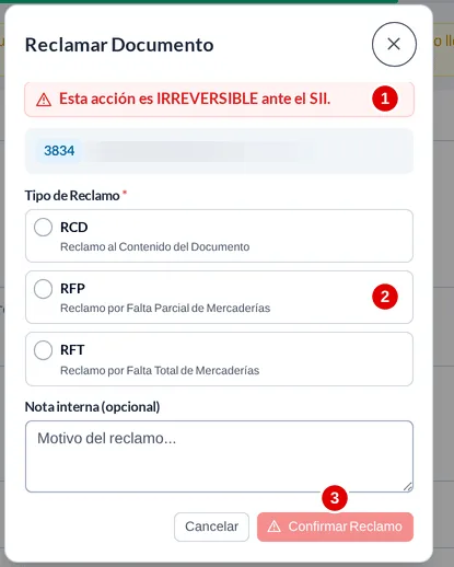 Ventana Reclamar Documento con el aviso de acción irreversible numerado 1, los tipos RCD, RFP y RFT numerados 2 y el botón Confirmar Reclamo numerado 3.