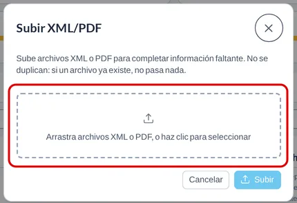 Ventana Subir XML/PDF con la zona punteada para arrastrar archivos destacada en rojo.