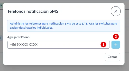 Ventana Teléfonos notificación SMS con el campo para agregar un número marcado con el 1 y el botón más marcado con el 2.