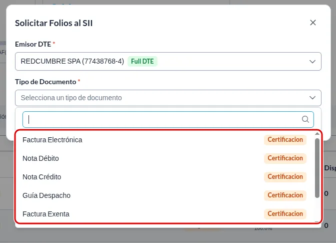 Ventana Solicitar Folios al SII con el desplegable de tipos de documento abierto y la lista de tipos destacada en rojo.