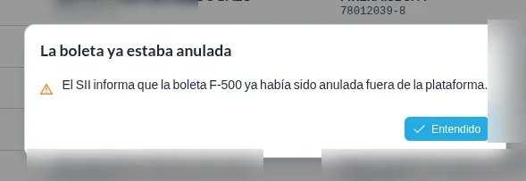 Ventana amarilla que informa que la boleta ya estaba anulada, con el botón Entendido.