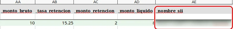Columnas de monto bruto, tasa de retención, retención y líquido, con la columna nombre_sii destacada en rojo.