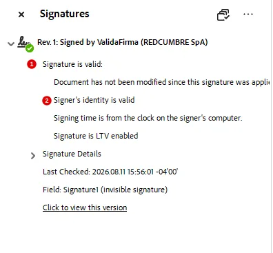 Panel de firmas en verde tras revalidar, con globitos 1 y 2 sobre Signature is valid y Signer's identity is valid.