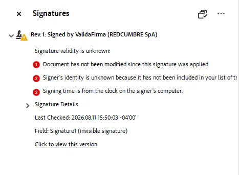 Panel de firmas de Acrobat desplegado, con globitos rojos 1, 2 y 3 sobre las tres líneas del resultado de la comprobación.