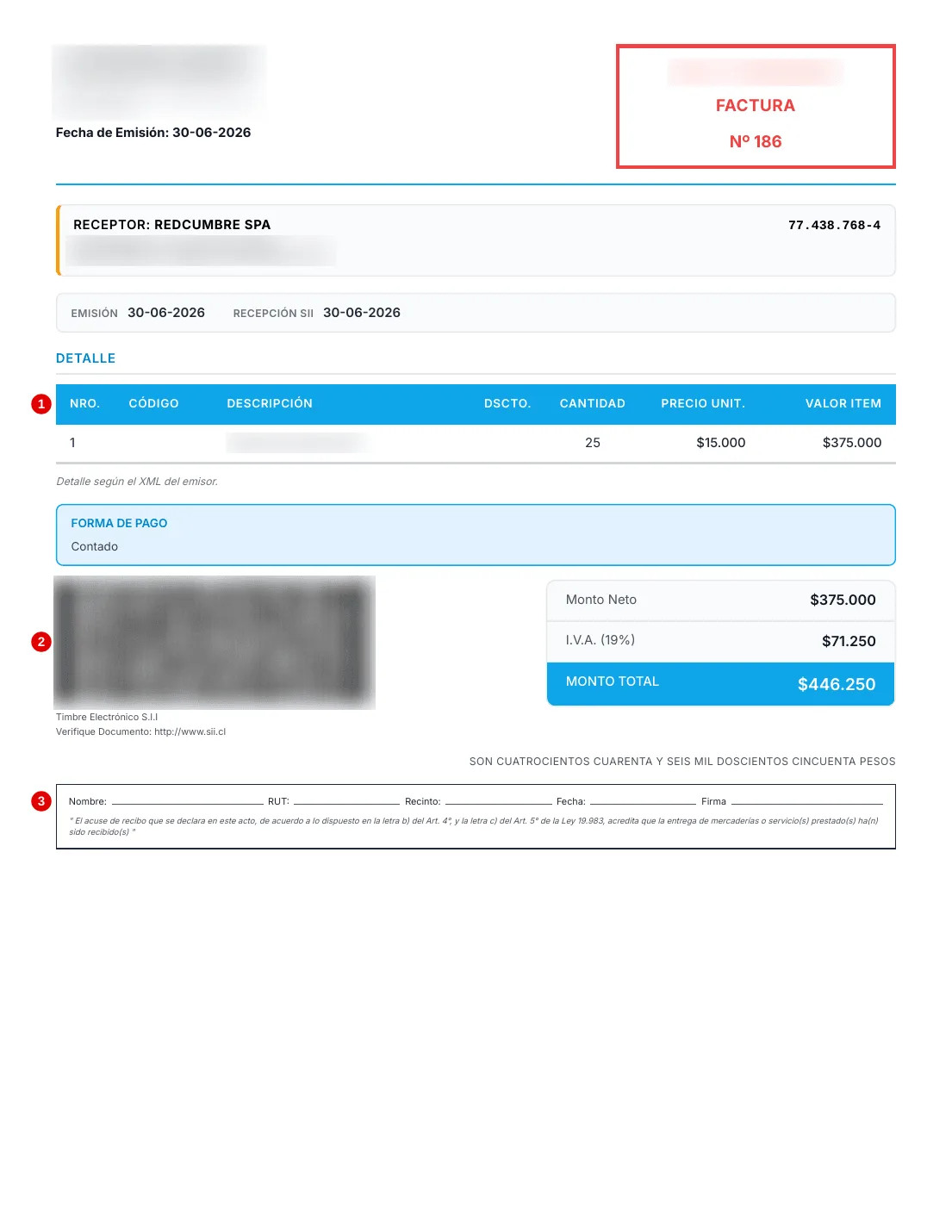 Representación impresa de una factura de compra con los datos del proveedor ofuscados: el detalle de líneas marcado con el número 1, el timbre electrónico con el número 2 y el recuadro de acuse con el número 3.
