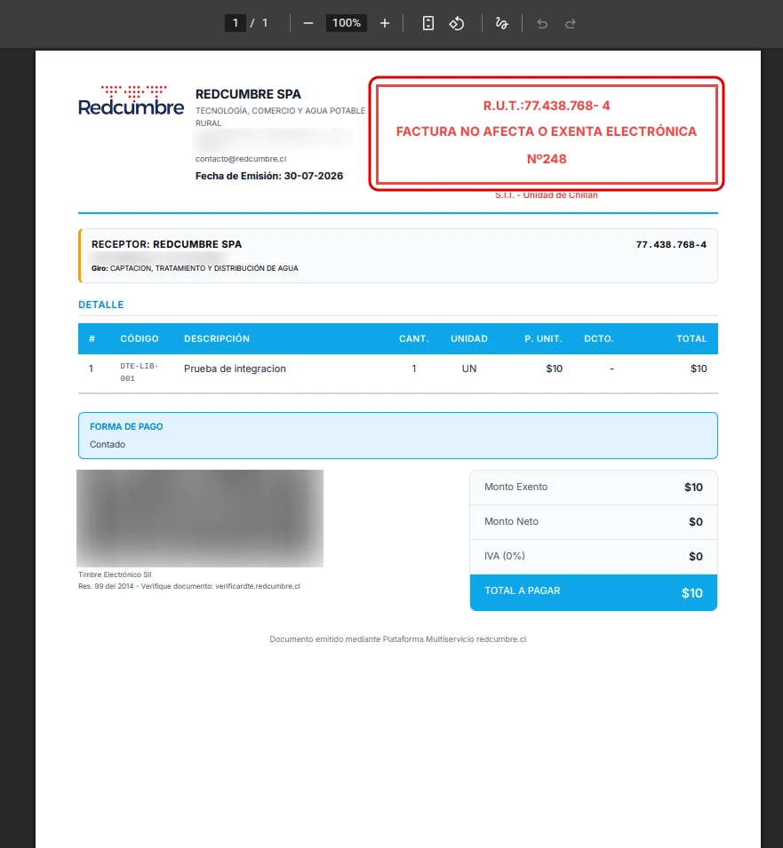 PDF de la factura con el encabezado Factura no afecta o exenta electrónica destacado en rojo, el detalle, el timbre electrónico difuminado y el IVA en cero.