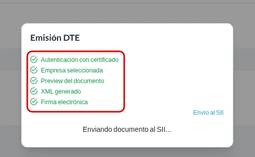 Ventana Emisión DTE con los pasos completados destacados en rojo y el mensaje Enviando documento al SII.